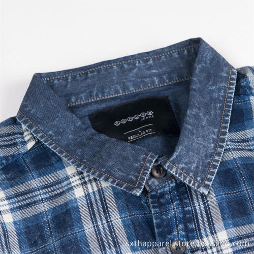 Men's Short Sleeve Denim Twill Plaid Shirt